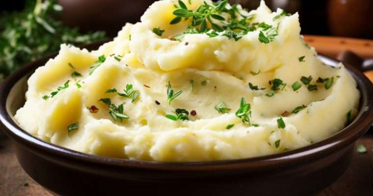Mashed potato with garlic and thyme in a bowl