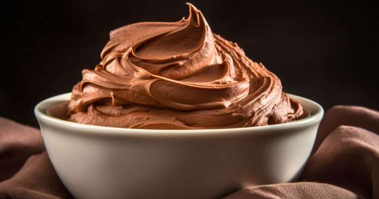 a bowl of whipped chocolate buttercream frosting (icing)