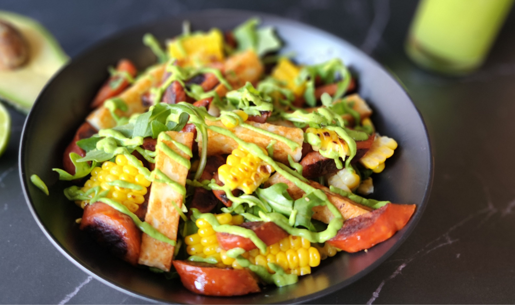 Corn, Halloumi and Chorizo Salad (with Lime Coriander Dressing)