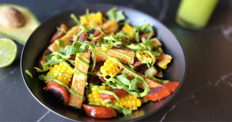 Corn, Halloumi and Chorizo Salad (with Lime Coriander Dressing)