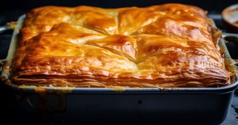a large family size Chicken Pot Pie with golden puff pastry