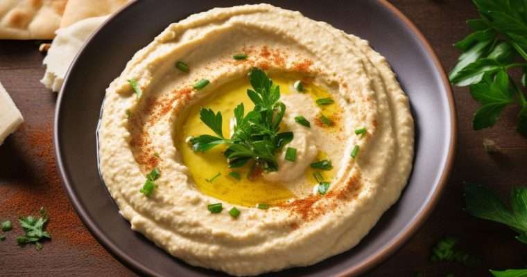 smooth and zesty hummus in a black bowl