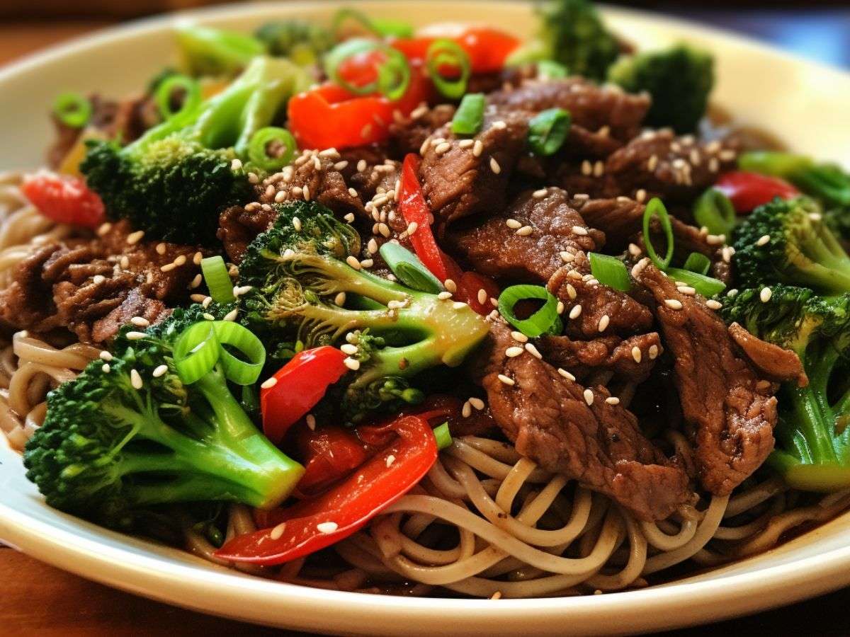 beef broccoli and noodle stir-fry in a bowl