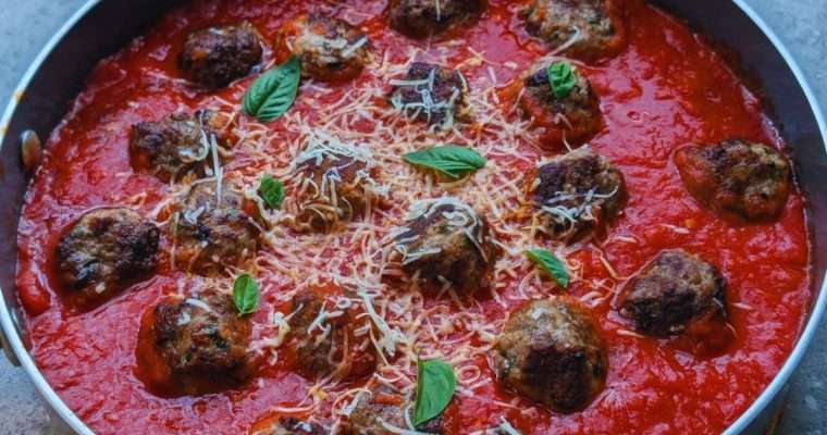 warm spaghetti and meatballs in a pot