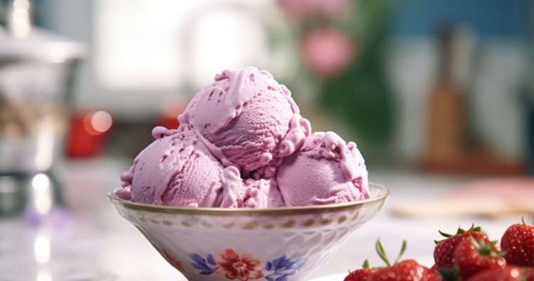 homemade mixed berry ice cream in a bowl