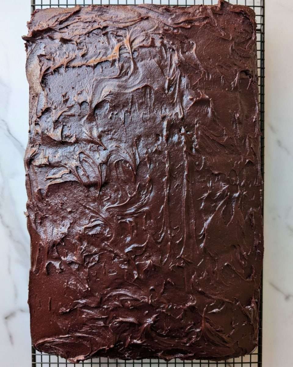 Chocolate slab cake topped with rich chocolate icing