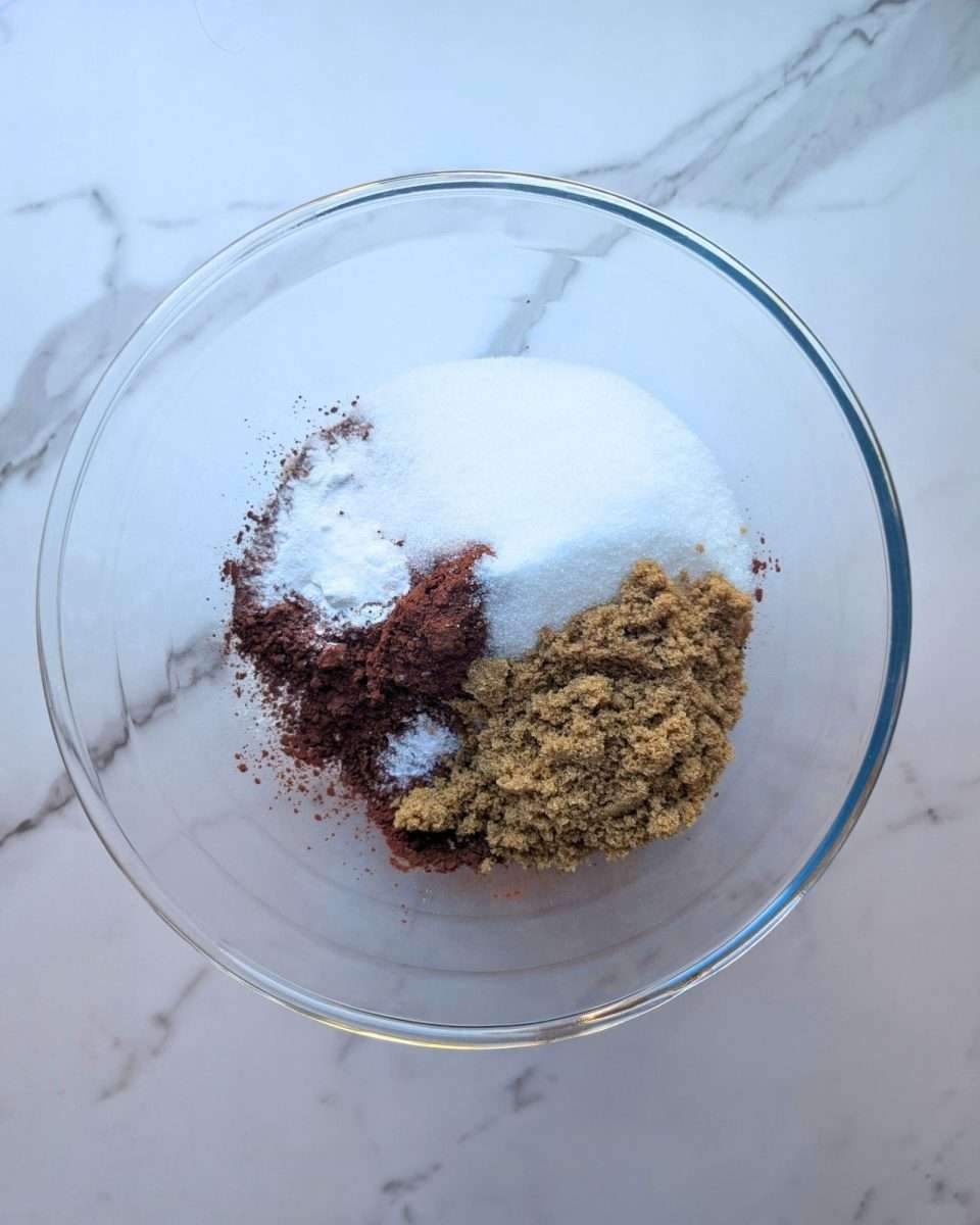 Cocoa and sugar in a glass bowl with other dry ingredients for chocolate cake