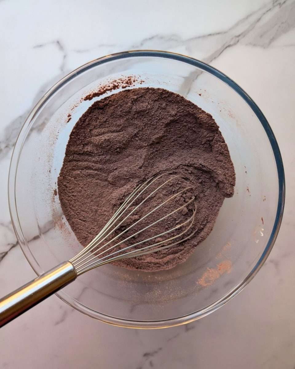 Dry ingredients for chocolate slab cake in a glass bowl with a whisk
