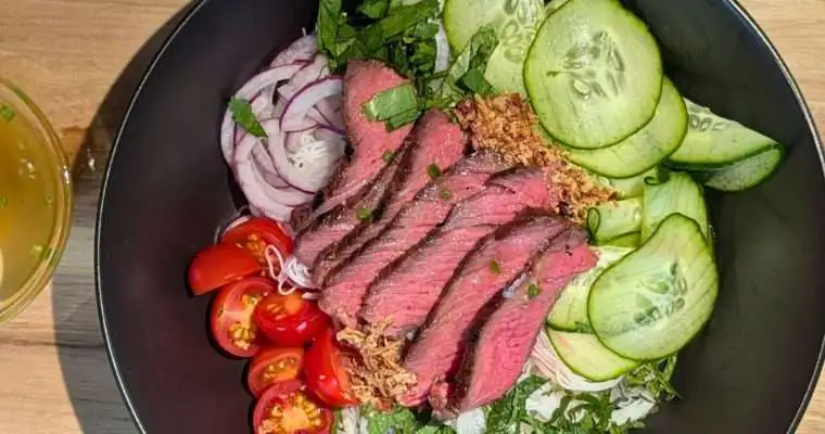 beef noodle salad in a bowl